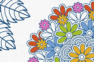 Dibujo colorido de flores con pétalos en tonos naranja, azul, rosa, amarillo y verde, junto a un patrón de hojas azules