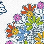 Dibujo colorido de flores con pétalos en tonos naranja, azul, rosa, amarillo y verde, junto a un patrón de hojas azules