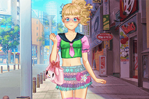 Una chica con gafas y cabello rubio rizado lleva una blusa verde y rosa, minifalda azul con volantes y un bolso rosa, caminando por una calle urbana