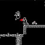 Personaje pixelado saltando mientras un enemigo dispara en un paisaje oscuro con plataformas y una luna en el fondo