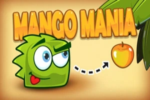 Criatura verde con ojos grandes mirando un mango bajo hojas, con texto Mango Mania arriba