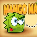 Criatura verde con ojos grandes mirando un mango bajo hojas, con texto Mango Mania arriba