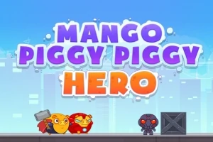 Arte de personajes coloridos con ambiente urbano y texto grande que dice Mango Piggy Piggy Hero