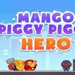 Arte de personajes coloridos con ambiente urbano y texto grande que dice Mango Piggy Piggy Hero
