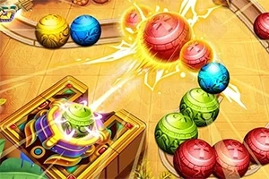 Bolas de colores brillantes en movimiento en un tablero con un cañón decorado en una esquina