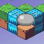 Icono isométrico de un bloque de tierra con pasto, cascadas de agua y una roca gris en el centro sobre un fondo morado