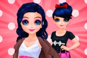 Dos personajes animados con cabello azul oscuro y ojos grandes, uno lleva un vestido negro con un lazo rojo y otro un abrigo marrón, sobre un fondo rosa con puntos blancos