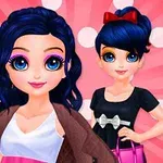 Dos personajes animados con cabello azul oscuro y ojos grandes, uno lleva un vestido negro con un lazo rojo y otro un abrigo marrón, sobre un fondo rosa con puntos blancos