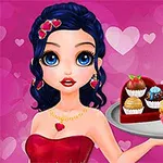Mujer con cabello azul oscuro y vestido rojo sosteniendo una bandeja con postres frente a un fondo rosa con corazones