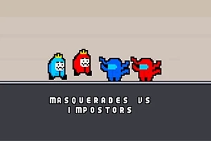 Personajes pixelados con disfraces de colores rojo y azul con coronas, junto a un texto que dice Masquerades vs Impostors
