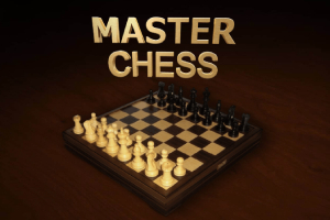 Tablero de ajedrez tridimensional con piezas blancas y negras listas para jugar, acompañado del texto MASTER CHESS