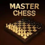 Tablero de ajedrez tridimensional con piezas blancas y negras listas para jugar, acompañado del texto MASTER CHESS