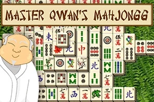 Un fondo de fichas de mahjong con un personaje sonriente y la inscripción Master Qwans Mahjongg en la parte superior