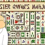 Un fondo de fichas de mahjong con un personaje sonriente y la inscripción Master Qwans Mahjongg en la parte superior