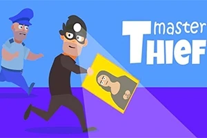 Un ladrón con antifaz corre llevando un cuadro mientras es perseguido por un policía, con un texto que dice Master Thief