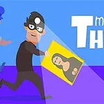 Un ladrón con antifaz corre llevando un cuadro mientras es perseguido por un policía, con un texto que dice Master Thief