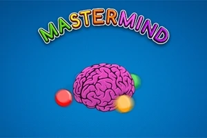 Un cerebro rosa rodeado de esferas de colores sobre un fondo azul, con la palabra Mastermind en letras multicolores en la parte superior