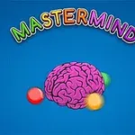 Un cerebro rosa rodeado de esferas de colores sobre un fondo azul, con la palabra Mastermind en letras multicolores en la parte superior