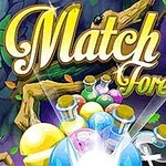 Texto colorido Match 3 Forest con frascos de pociones y hongos sobre un fondo de bosque