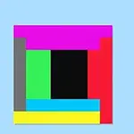 Cuadrado compuesto por bloques de colores brillantes en un patrón entrelazado sobre fondo azul claro