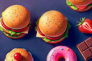 Vista superior de varias hamburguesas, una dona rosa con chispas, una fresa y una barra de chocolate sobre fondo azul oscuro