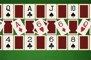 Cartas de juego numeradas y con figuras dispuestas en filas sobre un fondo verde