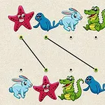 Estrellas de mar, focas, conejos y cocodrilos dibujados en un fondo claro con líneas conectando algunos de ellos