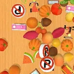 Frutas, verduras, letreros de no estacionarse, extintores y otros objetos coloridos sobre una superficie de madera
