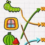 Gusano verde dibujado y un melón con flechas y palabras en inglés cruzando líneas sobre un fondo de cuadrícula