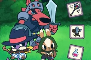 Tres personajes animados antropomórficos vestidos como aventureros en un entorno de bosque, con elementos de menú en el lado derecho