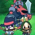 Tres personajes animados antropomórficos vestidos como aventureros en un entorno de bosque, con elementos de menú en el lado derecho