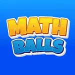 Texto colorido de “MATH BALLS” en el centro con números en círculos de colores en las esquinas sobre un fondo azul
