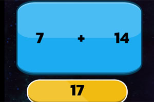 Operación matemática de suma 7 + 14 con el resultado 17 en un botón amarillo