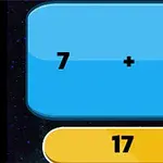 Operación matemática de suma 7 + 14 con el resultado 17 en un botón amarillo