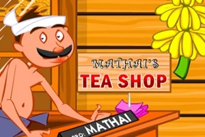 Hombre de dibujos animados con bigote y gorro blanco en una tienda de té con un letrero que dice Mathais Tea Shop y flores amarillas decorativas