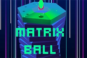 Torre hexagonal multicolor con letras MATRIX BALL y una esfera verde neón en la parte superior