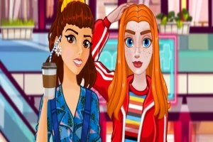 Dos chicas con ropa colorida posan juntas dentro de un centro comercial, una sostiene una bebida