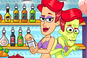 Una mujer pelirroja en bikini morado preparando una bebida mientras un personaje verde la observa desde atrás en un bar con botellas de licor y frutas