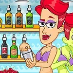 Una mujer pelirroja en bikini morado preparando una bebida mientras un personaje verde la observa desde atrás en un bar con botellas de licor y frutas