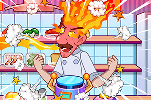 Chef animado con bigote y gorro enojado, con fuego en la cabeza, rodeado de ingredientes y ollas en una cocina