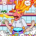 Chef animado con bigote y gorro enojado, con fuego en la cabeza, rodeado de ingredientes y ollas en una cocina
