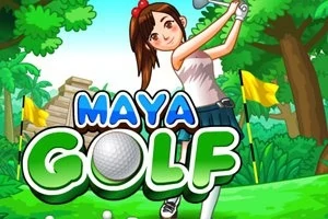 Una joven con una falda azul y blusa blanca está jugando golf en un entorno de selva con banderas amarillas, donde se destacan letras grandes de colores que dicen Maya Golf