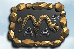 Placa de piedra con borde dorado que muestra un diseño de una serpiente, un jaguar y glifos con la palabra MAYA