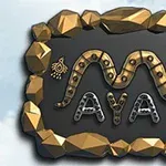 Placa de piedra con borde dorado que muestra un diseño de una serpiente, un jaguar y glifos con la palabra MAYA