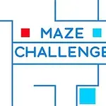 Letrero con las palabras Maze Challenge en azul rodeado de líneas formando un laberinto, con cuadrados rojo y azul