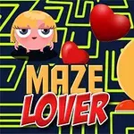 Dos personajes animados de forma circular con corazones entre ellos sobre un fondo de laberinto verde y las palabras Maze Lover