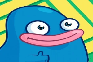 Personaje azul con ojos grandes y labios rosados sobre un fondo amarillo con líneas verdes