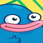 Personaje azul con ojos grandes y labios rosados sobre un fondo amarillo con líneas verdes