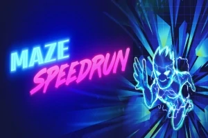 Texto brillante de MAZE SPEEDRUN en azul y rosa con un personaje estilizado corriendo a la derecha en tonos neón