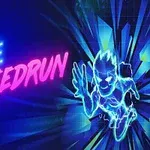 Texto brillante de MAZE SPEEDRUN en azul y rosa con un personaje estilizado corriendo a la derecha en tonos neón
